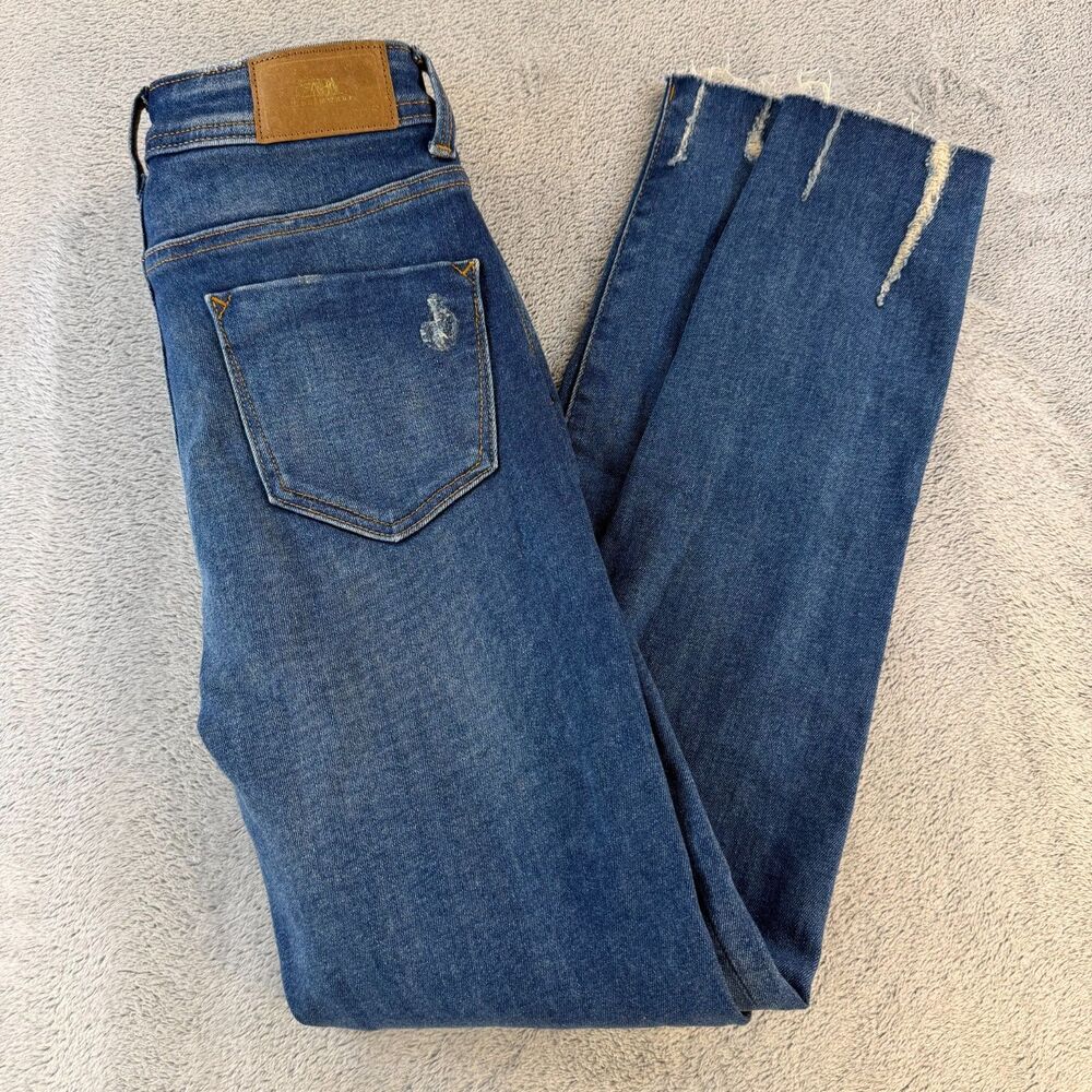 Zara Skinny Fit Jeans Women Distressed Raw Hem Blue Denim Size 34 NWT